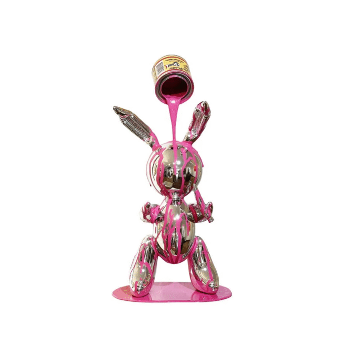 Pink Happy Accident Rabbit sculpture by Joe Suzuki on a white background.